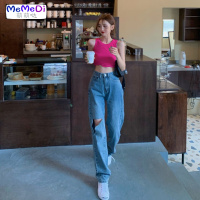 2020夏装新款泫雅风破洞牛仔裤女宽松百搭阔腿裤高腰显瘦拖地长裤