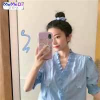 2020夏季新款法式泡泡袖衬衫宽松木耳边V领甜美设计感衬女学生