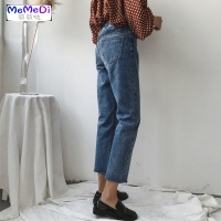 cec裤子女2020新款韩版毛边高腰牛仔裤百搭松紧腰直筒九分裤女