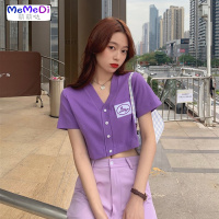 2020夏装新款法式众V领字母刺绣bm开衫上宽松洋气短袖T恤女