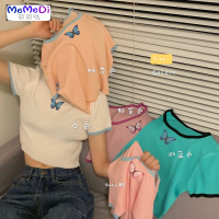 2020夏季新款网红蝴蝶印花上修身显瘦撞色边短款针织短袖T恤女