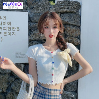 夏季新款2020泫雅风上彩虹扣子修身显瘦短款露脐针织短袖T恤女