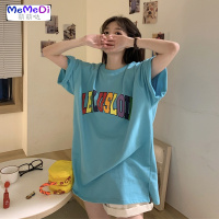 2020夏季新款宽松中长款彩色字母印花上港味chic休闲短袖T恤女