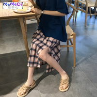 2020夏装新款甜美日系少女高腰裙百搭宽松格子裙显瘦开叉半身裙女
