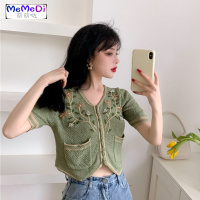 2020夏季新款泫雅风上设计感拼色朵刺绣短款V领短袖针织衫女