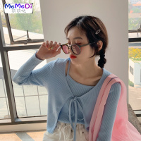 2020春季新款韩版网红外套系带小开衫短款修身吊带针织衫两件套女