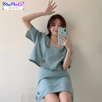 2020夏装新款可甜可盐洋气时尚套装方领上高腰半身裙两件套女