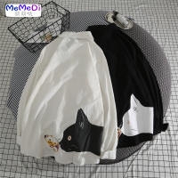 夏季潮流棉长袖衬衫男装韩版宽松学生情侣上百搭小清新印花衬