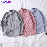 夏季条纹长袖衬衫男装港风bf韩版宽松服百搭青年小清新休闲衬