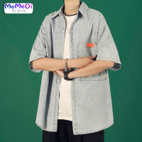 夏季港风水洗牛仔衬衫男宽松百搭青少年中袖服潮流韩版短袖衬