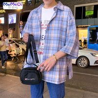 港风ins宽松格短袖衬衫韩版帅气学生服夏季潮流五分袖衬男