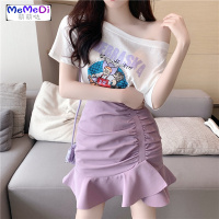 半身裙套装 两件套2020年夏季新款女印花T恤+高腰鱼尾包臀半身裙