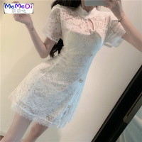 连裙女2020新款夏季法式立领收腰短裙蕾丝旗袍短袖白色a字裙潮