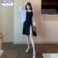 连裙2020新款夏女修身裙子吊带裙侧开叉裙黑色无袖宽松洋气夏季