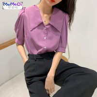 设计感娃娃领短袖衬衫女2020新款宽松休闲紫色泡泡袖衬外套上
