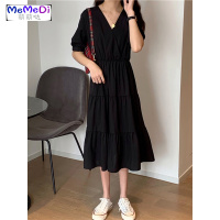 黑色显瘦短袖连裙女装2020夏新款法式气质中长款a字裙长裙潮