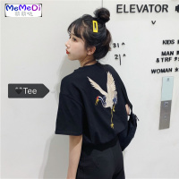 韩版复古港风宽松仙鹤刺绣短袖T恤休闲内搭上学生圆领打底衫女