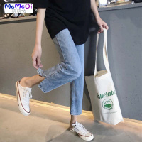 韩版高腰复古浅色开叉牛仔裤女宽松显瘦休闲百搭直筒九分裤子学生