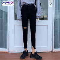 2020新款黑色裤女韩版百搭高腰显瘦紧身破洞牛仔九分裤脚裤潮