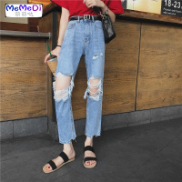 个性乞丐破洞牛仔裤女chic超火网红高腰浅色宽松直筒阔腿九分裤