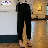 夏季2020新款系带松紧高腰束脚休闲裤学生百搭灯笼裤黑色九分裤女