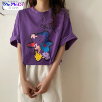 网红ins超火熊涂鸦印短袖T恤女装2020新款宽松紫色打底衫上
