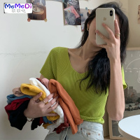 夏装修身V领显瘦白色针织T恤学生外穿短款个简约基础上女潮