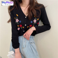 设计感刺绣朵薄款长袖防晒针织上女2020新款V领开衫外套
