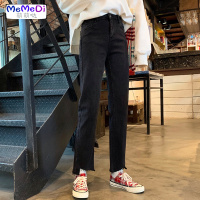 复古时尚不规则裤脚潮高腰弹力直筒牛仔裤铅笔裤黑色显瘦九分裤女