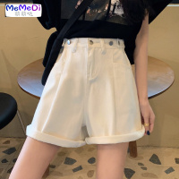 白色牛仔裤短裤女chic韩版高腰复古卷边阔腿裤百搭显瘦直筒热裤