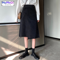 复古chic不规则高腰牛仔裙女黑色显瘦百搭毛边中长款a字裙裙潮