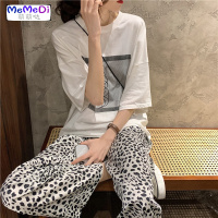 白色宽松短袖T恤打底上女+豹纹高腰休闲运动直筒阔腿裤长裤套装