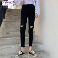 黑色网红chic破洞高腰牛仔铅笔裤脚裤女修身显瘦休闲毛边九分裤
