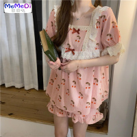 蕾丝边方领短袖连裙女宽松T恤上阔腿短裤休闲家居服睡套装