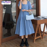 设计感复古后背绑带泡泡短袖连裙女2020新款中长款a字桔梗裙子