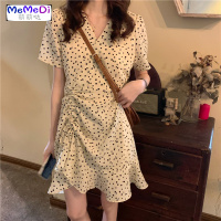 法式复古碎V领下摆抽绳短袖连裙女收腰显瘦中长款a字桔梗裙