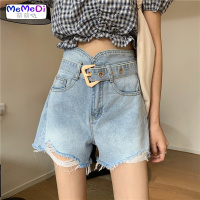 2020夏季新款复古高腰显瘦牛仔短裤女浅色破洞毛边阔腿裤配腰带
