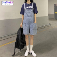 韩版减龄休闲薄牛仔背带短裤女2020夏新款宽松直筒阔腿五分中裤