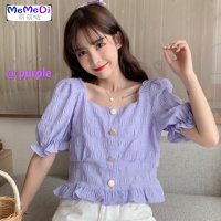 设计感小众褶皱木耳边短袖衬衫女方领紫色短款打底衫上外穿学生