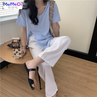 设计感侧开叉短袖T恤打底衫下摆打结上女+休闲直筒阔腿长裤套装