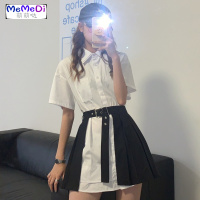 设计感中长款短袖上衬衫连裙+不规则黑色高腰a字百褶裙子套装