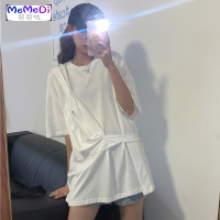 白色短袖T恤中长款下半身失踪打底衫上女装+单肩斜挎包包两件套