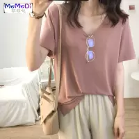 藕粉色网红短袖T恤女ins超火2020年新款v领上女夏季韩版宽松潮