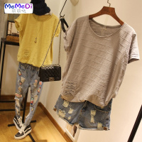 2020年夏新款 棉条纹字母圆领竹节棉休闲夏季宽松T恤女短袖体恤