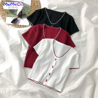 小清新短袖T恤女夏学生韩版百搭套头拼色V领露肚脐针织短款上