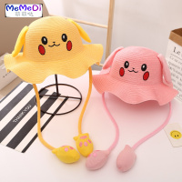 网红兔耳朵会动的帽皮卡丘帽遮阳帽儿童渔夫帽女网红帽太阳帽帽