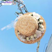 韩版清新花朵帽女麦秆小礼帽亲子儿童防晒遮阳帽出游沙滩夏