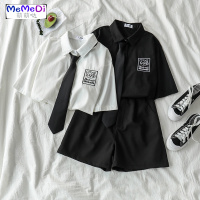 jk制服裙正版夏季学院风黑色短袖衬+宽松短裤黑暗系套装女酷潮