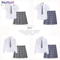 系jk班服服女春夏款宽松白衬衫大码格百褶裙学风校服套装