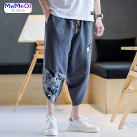 夏季男士短裤中风宽松亚麻七分裤男薄款灯笼裤棉麻休闲哈裤